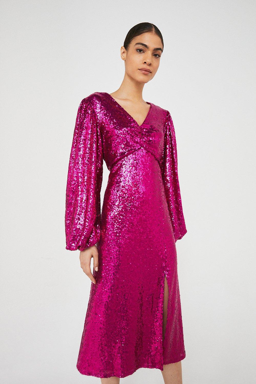 Sequin V Neck Midi Dress | Warehouse
